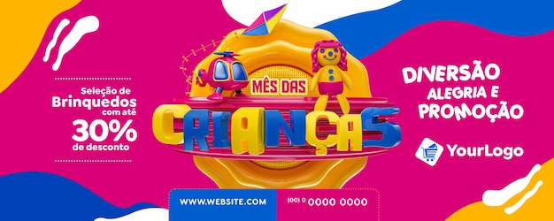 Banner met 3D-stempel in het Portugees voor kinderdag