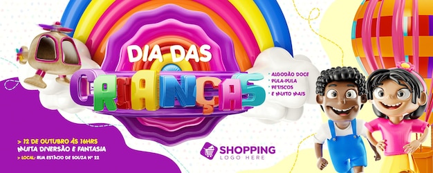 Banner met 3D-stempel in het Portugees voor kinderdag