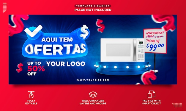 Banner met 3d-zegel hier heeft aanbiedingen brazilië retailpodium productpromotie psd