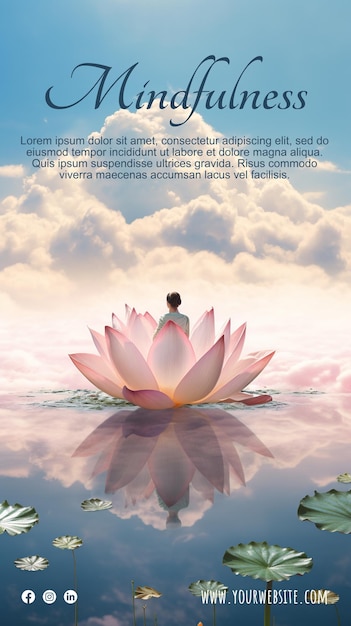 PSD a banner of mindfulness with a woman over a lotus flower