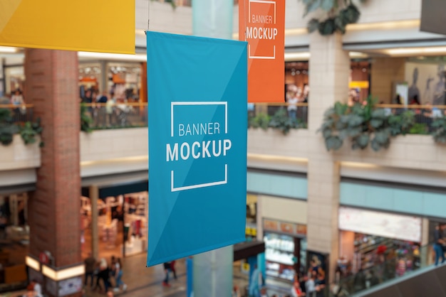 Banner mockups hanged inside the shopping mall