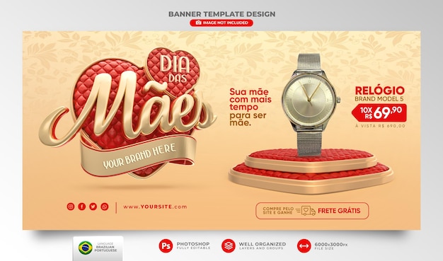 Banner mother's day offer in portuguese 3d render for marketing campaign in brazil