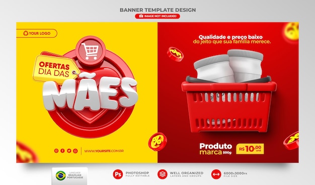 ブラジルでのマーケティングキャンペーンのためのポルトガル語3Dレンダリングでのバナー母の日オファー