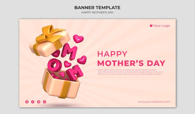 PSD a banner for a mother's day with gold hearts and the words happy mother's day on it.