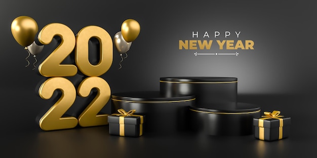 Banner new year 2022 3d render template design podium realistic