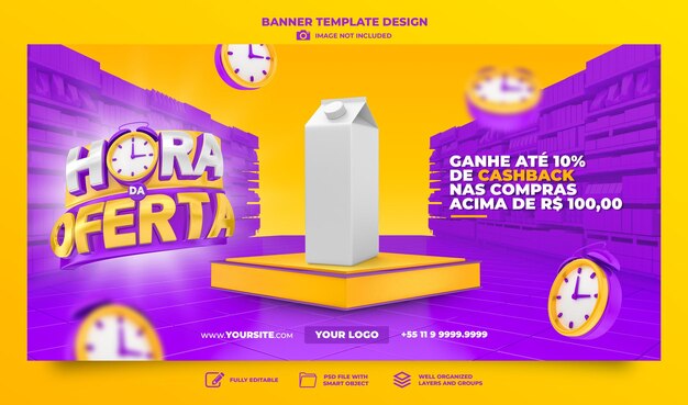 L'offerta di banner dell'ora in brasile rende il design del modello 3d in portoghese