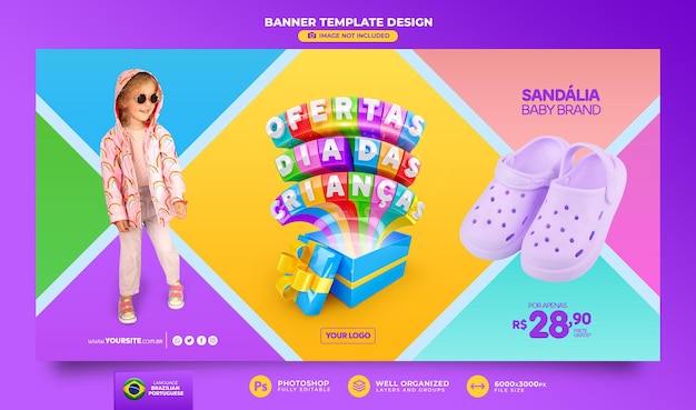 Banner Offers Childrens Day 3d render in Brazil template design in Portuguese