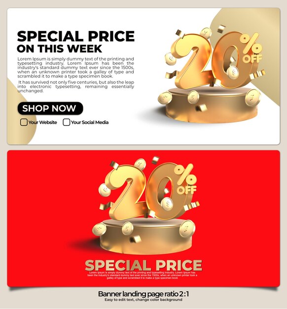 Banner pack for landing page, online shop discount sale gold promo product, special price 20 percent