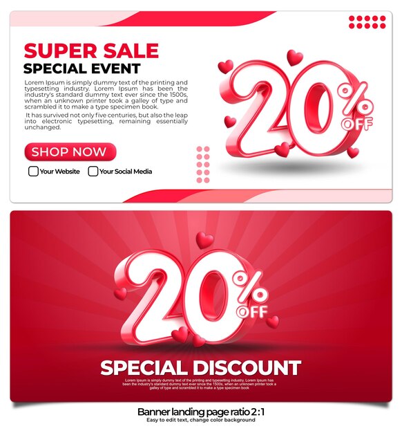 Banner pack for landing page,  online shop discount sale promo product, special price 20 percent