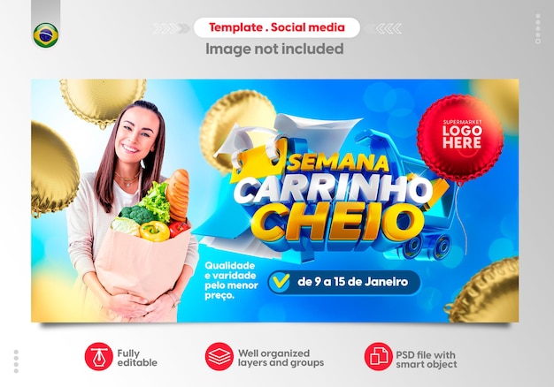 Banner in portoghese per la campagna di vendita al dettaglio della settimana del carrello completo del supermercato