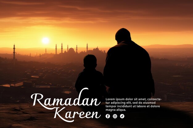 PSD banner for ramadan of arab mother and son sitting on a mountain overlooking the city