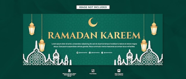 Banner Ramadan Kareem na okładce Facebooka na zielonym tle islamskim