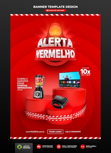 Banner red alert of offers in brazil render 3d template design in portuguese