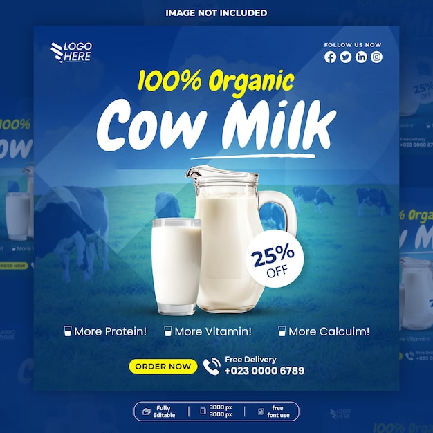 Banner sjabloon voor de verkoop van verse biologische melkproducten op Instagram