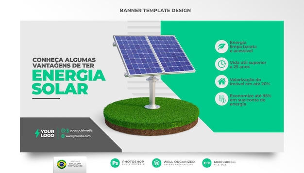 PSD banner energia solare in portoghese rendering 3d per la campagna di marketing in brasile