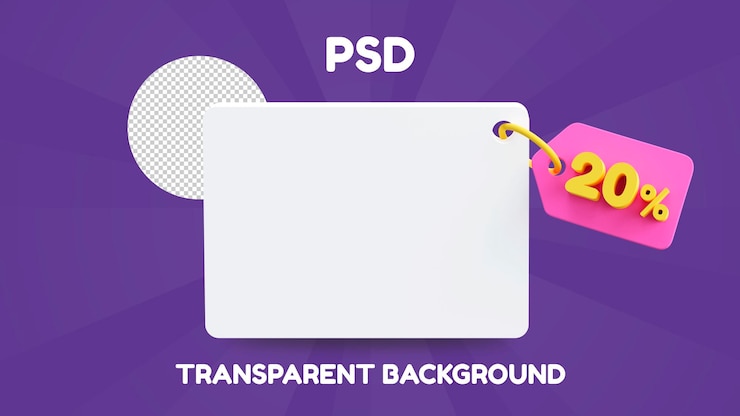 PSD баннер для специального предложения и вашей 20-процентной скидки на фиолетовом фоне с ценником 3d