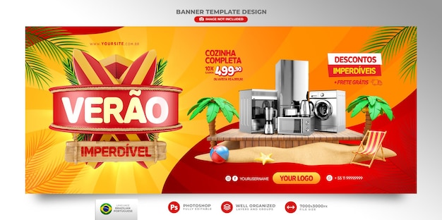 Banner summer of offers in brazil 3d render template for marketing campaign in portuguese