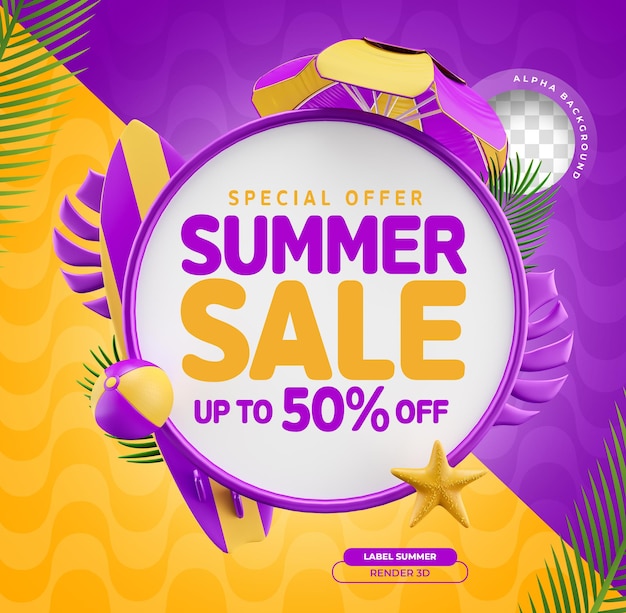 PSD Летняя распродажа баннеров в 3d с фиолетовым и желтым рендерингом с реалистичными элементами пляжа