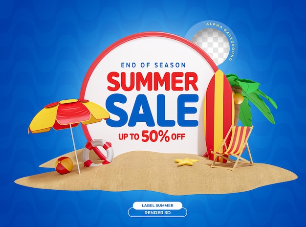 PSD banner summer sale 3d render with beach elements realistic