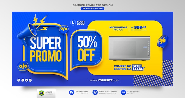 PSD banner super promo на португальском языке 3d для маркетинговой кампании в бразилии