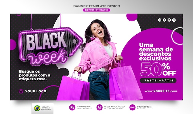 PSD banner template black friday 3d realistic render for marketing campaign in portuguese brazil