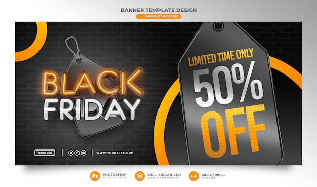 PSD banner template black friday 3d realistic render for marketing campaign