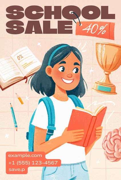 banner template for the sale of school supplies with a handdrawn illustration of a schoolgirl