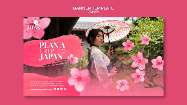 PSD banner template for traveling to japan with woman and cherry blossom