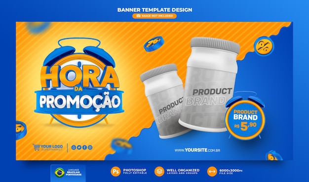 Banner time for promotion in brazil 3d render in brazil template design in portuguese