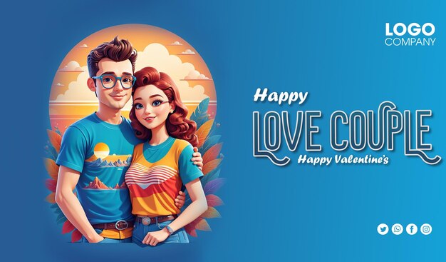 PSD banner verliefd koppel gelukkige valentijnsdag concept jonge man vrouw omarmen cartoon personages
