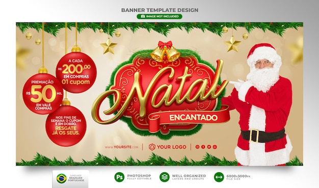 Banner vrolijk kerstfeest in portugese 3d render voor marketingcampagne in brazilië sjabloonontwerp