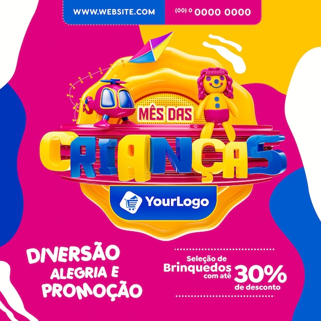 Banner with 3d stamp in portuguese for children's day