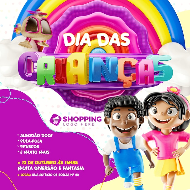 Banner with 3d stamp in portuguese for children's day