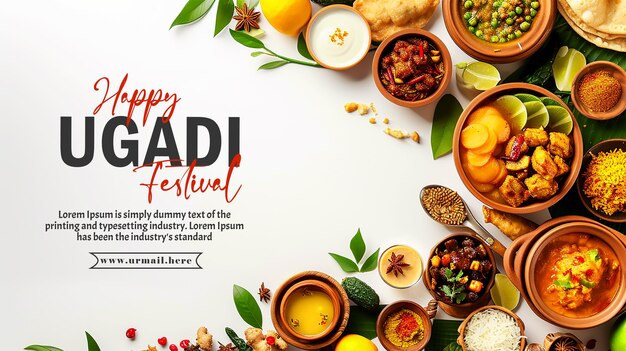 PSD a banner with kalash and traditional food pachadi for indian new year festival ugadi