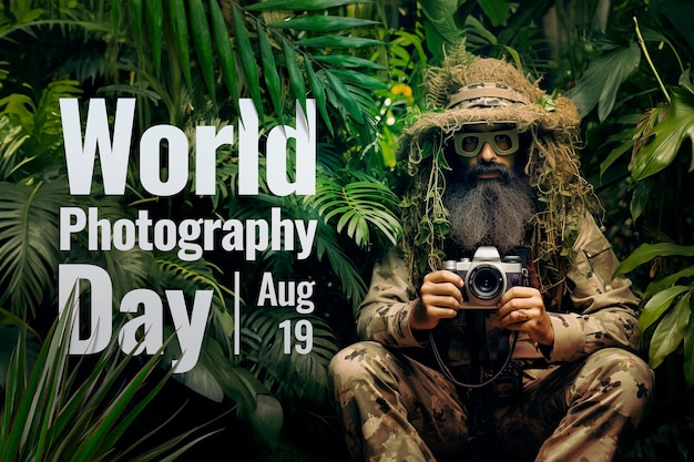 Banner World Photography Day with photographer in the jungle