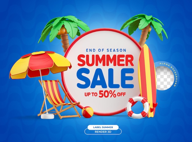 PSD banner zomer verkoop 3d render met strand elementen realistisch