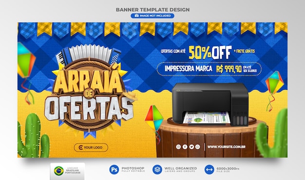 Banneraanbiedingen van juni-viering in portugese 3d render voor marketingcampagne in brazilië