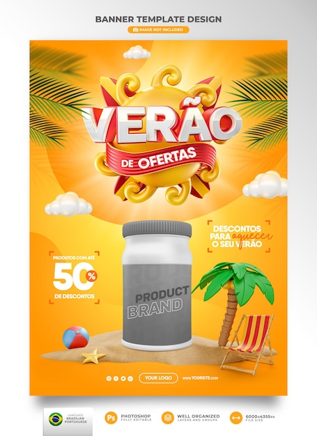Bannerzomer van aanbiedingen in Brazilië 3d rendersjabloon voor marketingcampagne in het Portugees