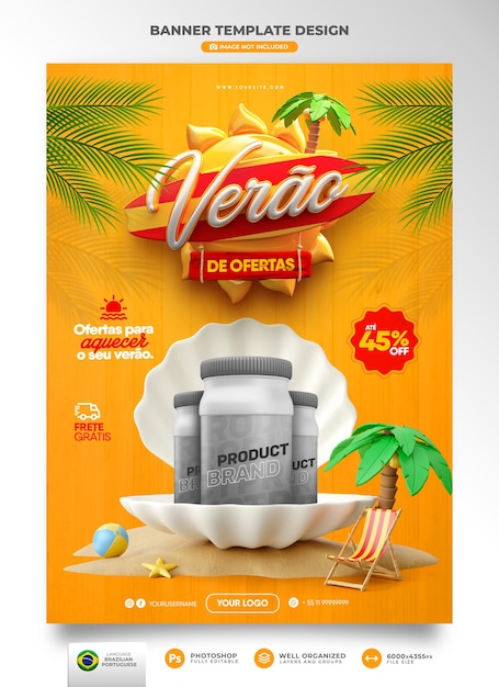 Bannerzomer van aanbiedingen in Brazilië 3d rendersjabloon voor marketingcampagne in het Portugees