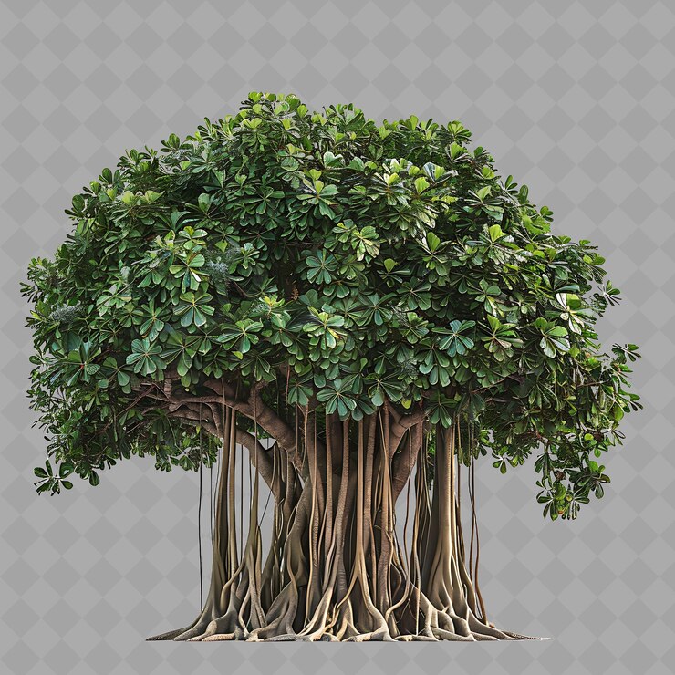 PSD banyan tree with wide spreading aerial roots large tree glos isolated imagery on clean background