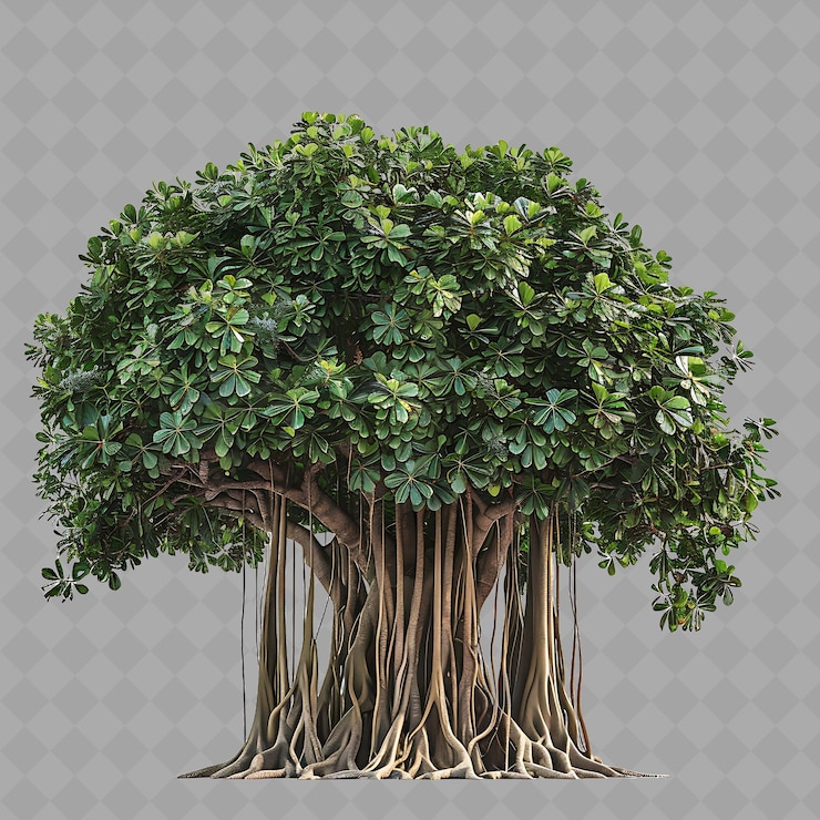 PSD banyan tree with wide spreading aerial roots large tree glos isolated imagery on clean background