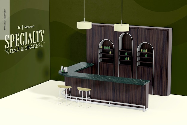 PSD bar counter scene mockup with liquor bottles