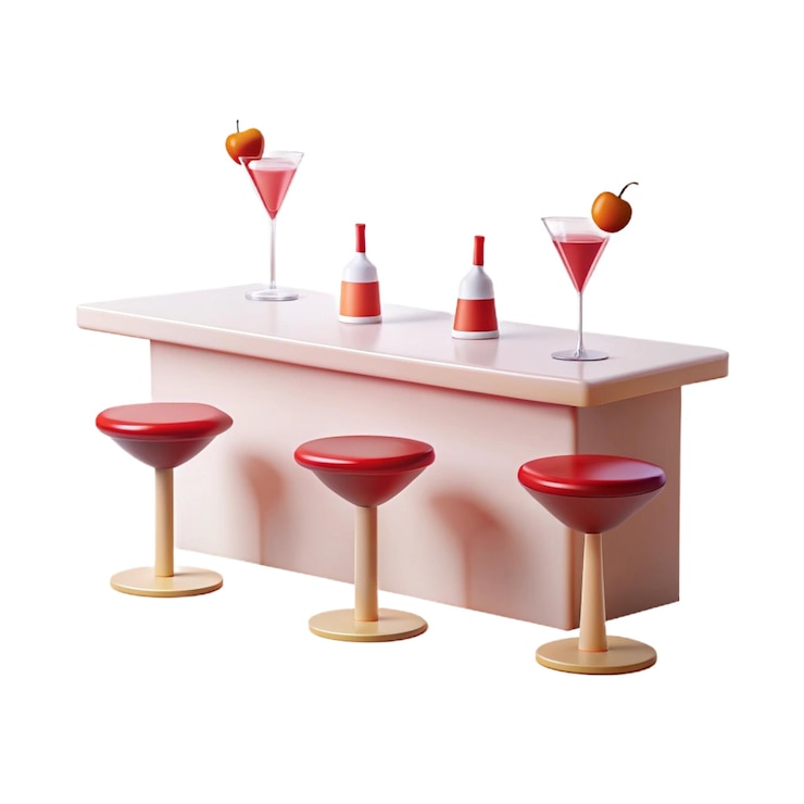 PSD a bar with three red stools and a pink cocktail glass with a red apple on the top