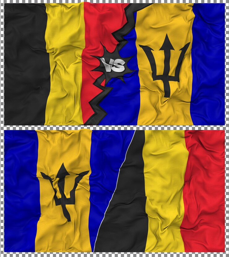 PSD barbados vs belgium half combined flag cloth bump texture 3d rendering