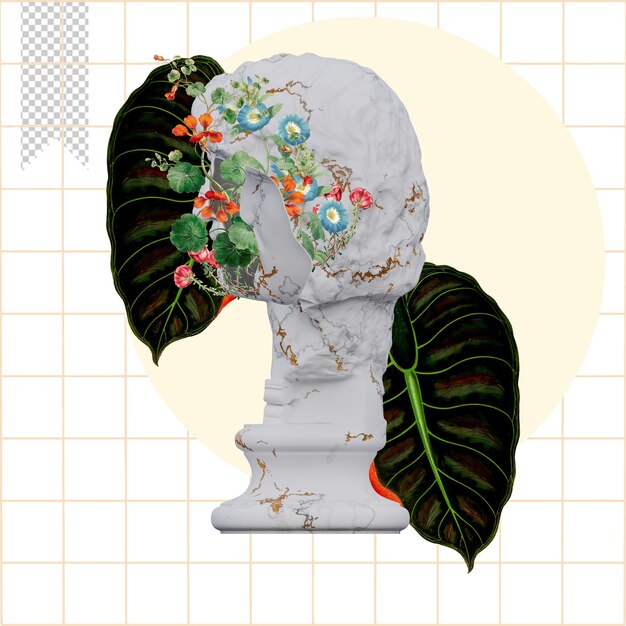 Barbarian chief statue 3d rendono collage con composizioni di petali di fiori per il tuo lavoro