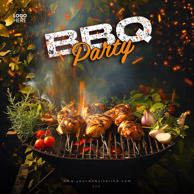 PSD barbecue bbq party kip in brand sociale media post sjabloon ontwerp