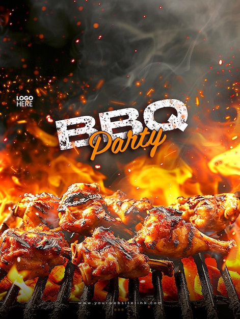 PSD barbecue bbq party kurczak w ogniu projekt szablonu postów w mediach społecznościowych