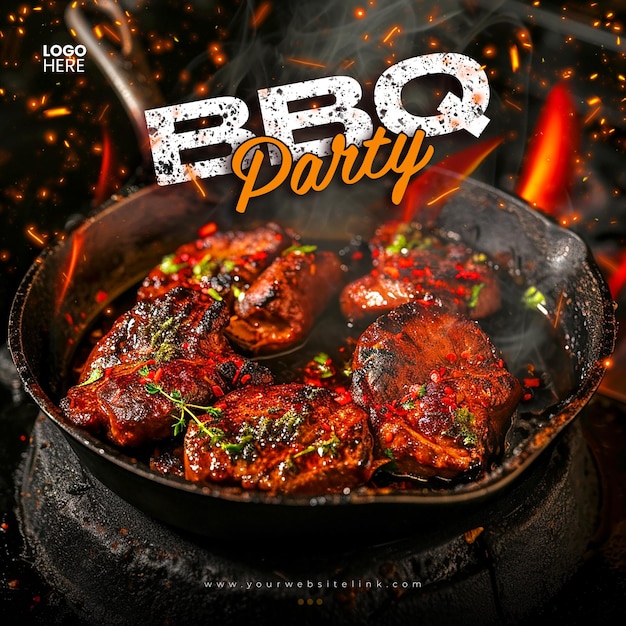 PSD barbecue bbq party kurczak w ogniu projekt szablonu postów w mediach społecznościowych