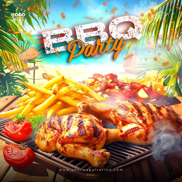 PSD barbecue en friet kip op het vuur bbq feest op het strand natuur sociale media sjabloon ontwerp