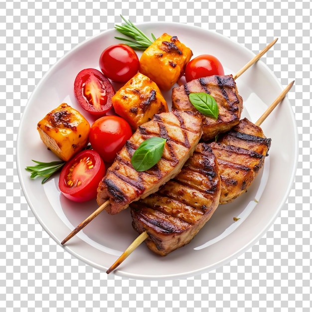 Barbecue grilled on white plate isolated on transparent background